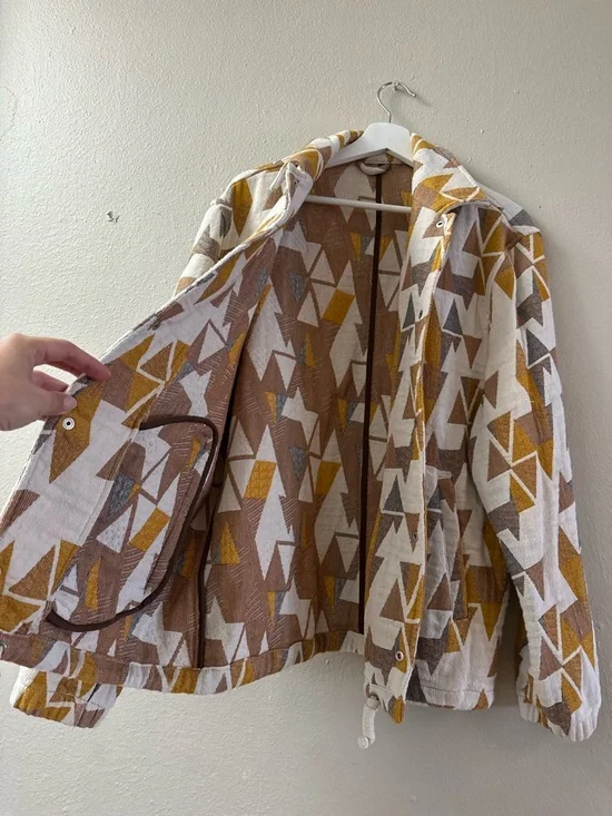 ZARA Geometric Pattern Zip Jacket in Mustard, Brown & Cream - Picture 3 of 4